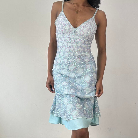 💻 BEST PICKS, FESTIVAL | XS blue and pink 100% silk embroidered sequin mini dress