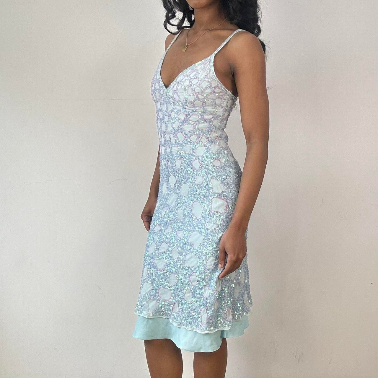 💻 BEST PICKS, FESTIVAL | XS blue and pink 100% silk embroidered sequin mini dress