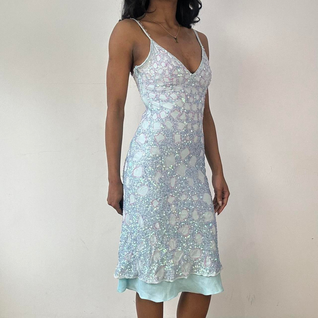 💻 BEST PICKS, FESTIVAL | XS blue and pink 100% silk embroidered sequin mini dress
