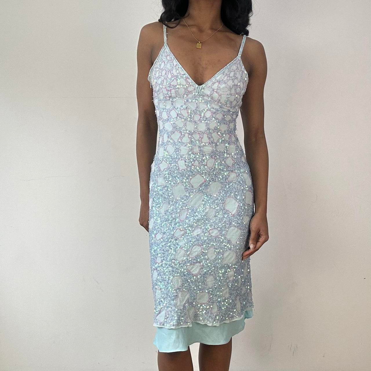 💻 BEST PICKS, FESTIVAL | XS blue and pink 100% silk embroidered sequin mini dress