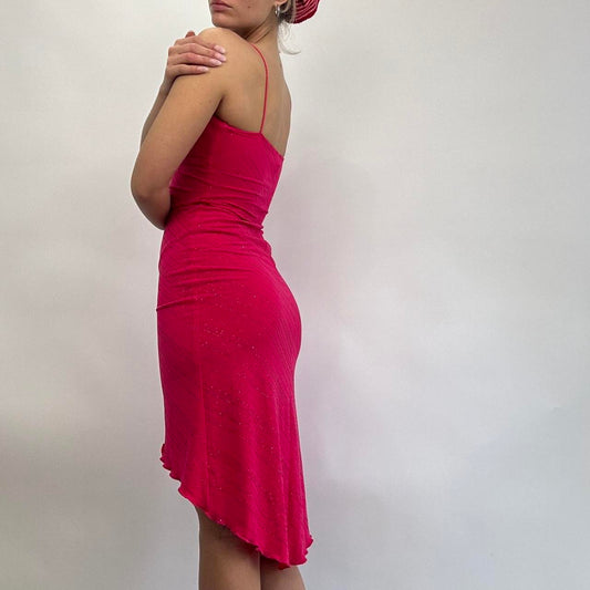 PROM SEASON DROP | small hot pink midi dress with glittery stripes