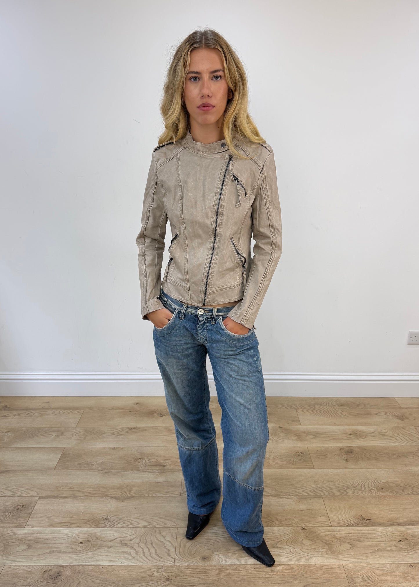 small taupe fitted leather-look jacket