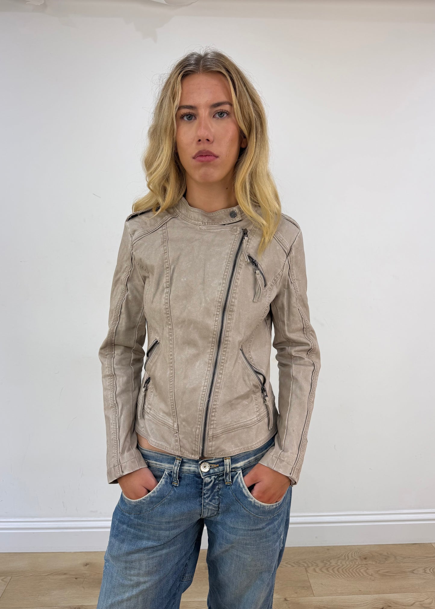 small taupe fitted leather-look jacket