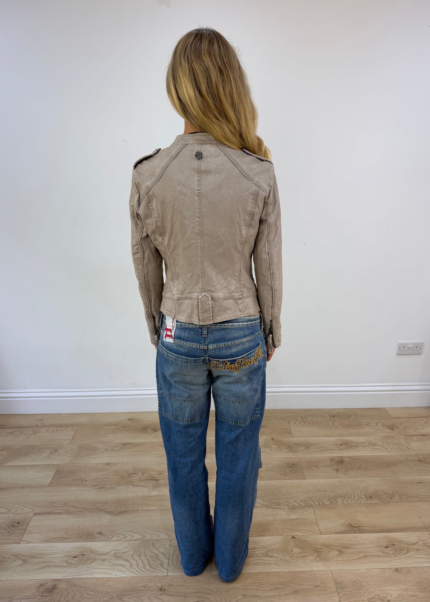 small taupe fitted leather-look jacket