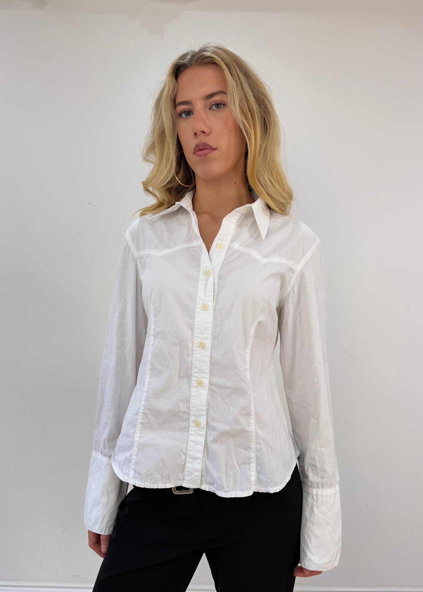 small white button up long sleeve shirt