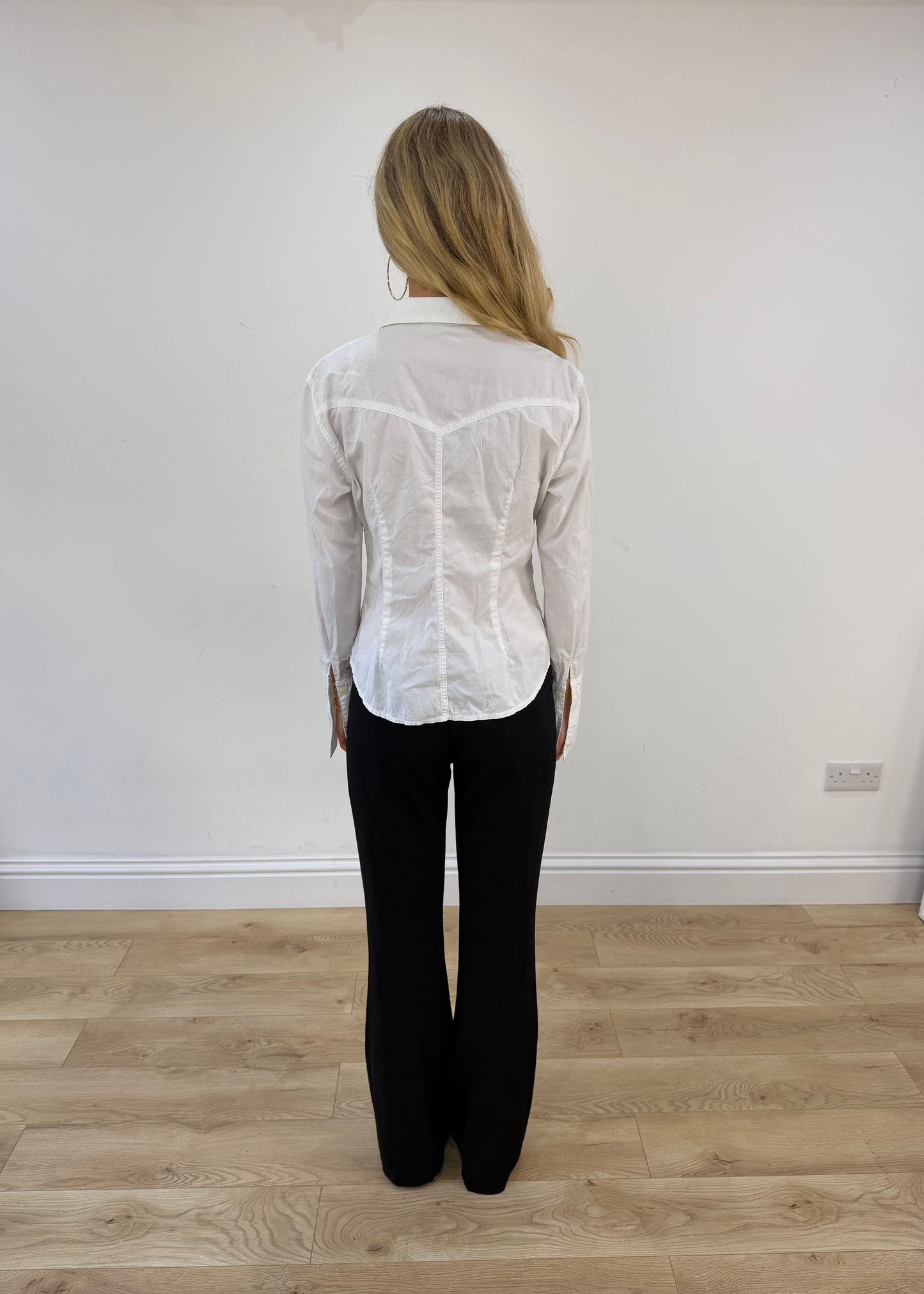 small white button up long sleeve shirt
