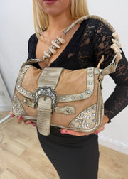 tan embellished shoulder bag with rhinestone buckle detail view