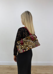 leopard print tote bag with red trim detail view