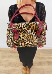 leopard print tote bag with red trim detail view