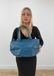 blue shoulder tote bag with silver hardware front view