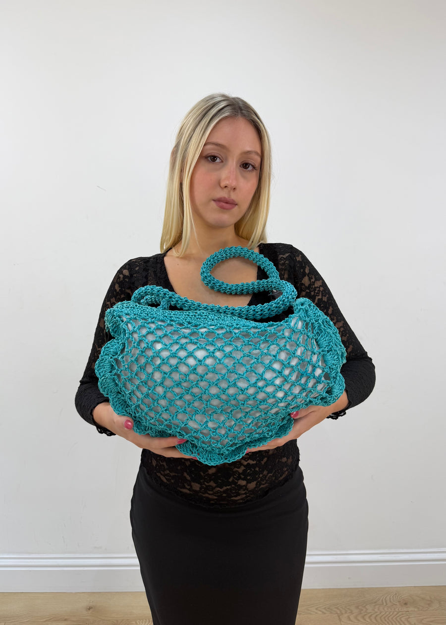 turquoise crochet flower shoulder bag front view