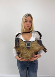 khaki embellished shoulder bag with ornate buckle detail view