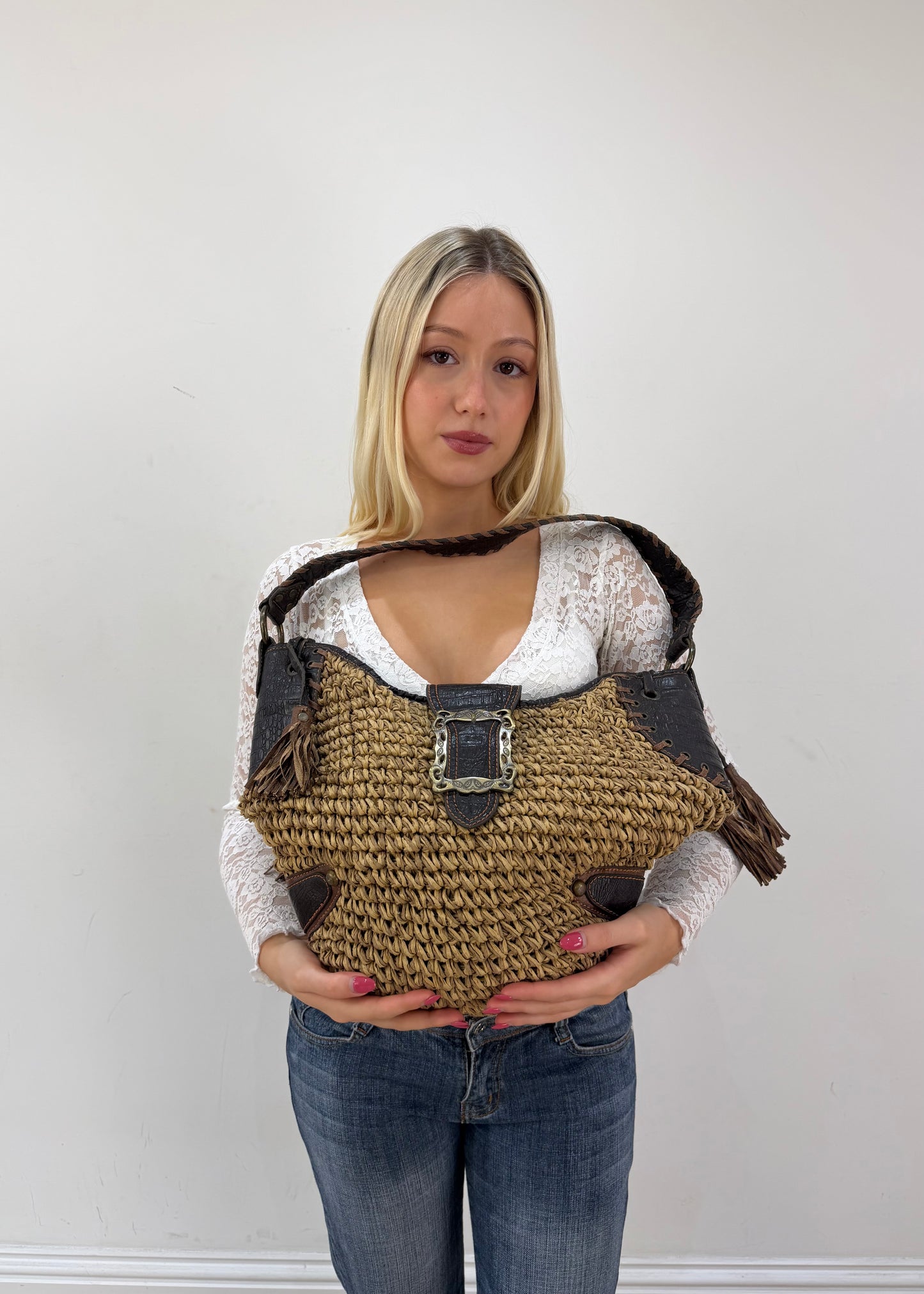 khaki embellished shoulder bag with ornate buckle detail view