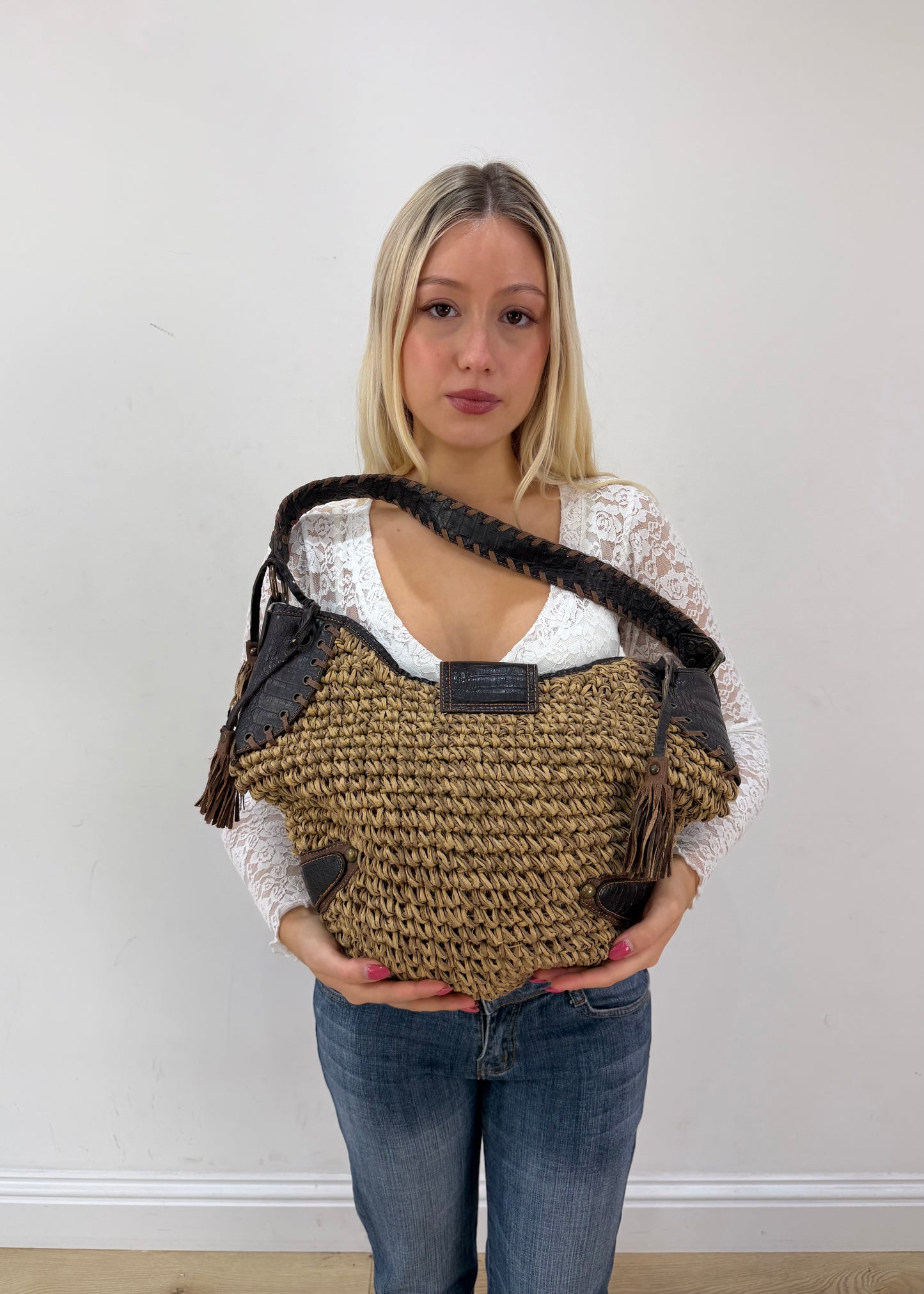 khaki embellished shoulder bag with ornate buckle detail view