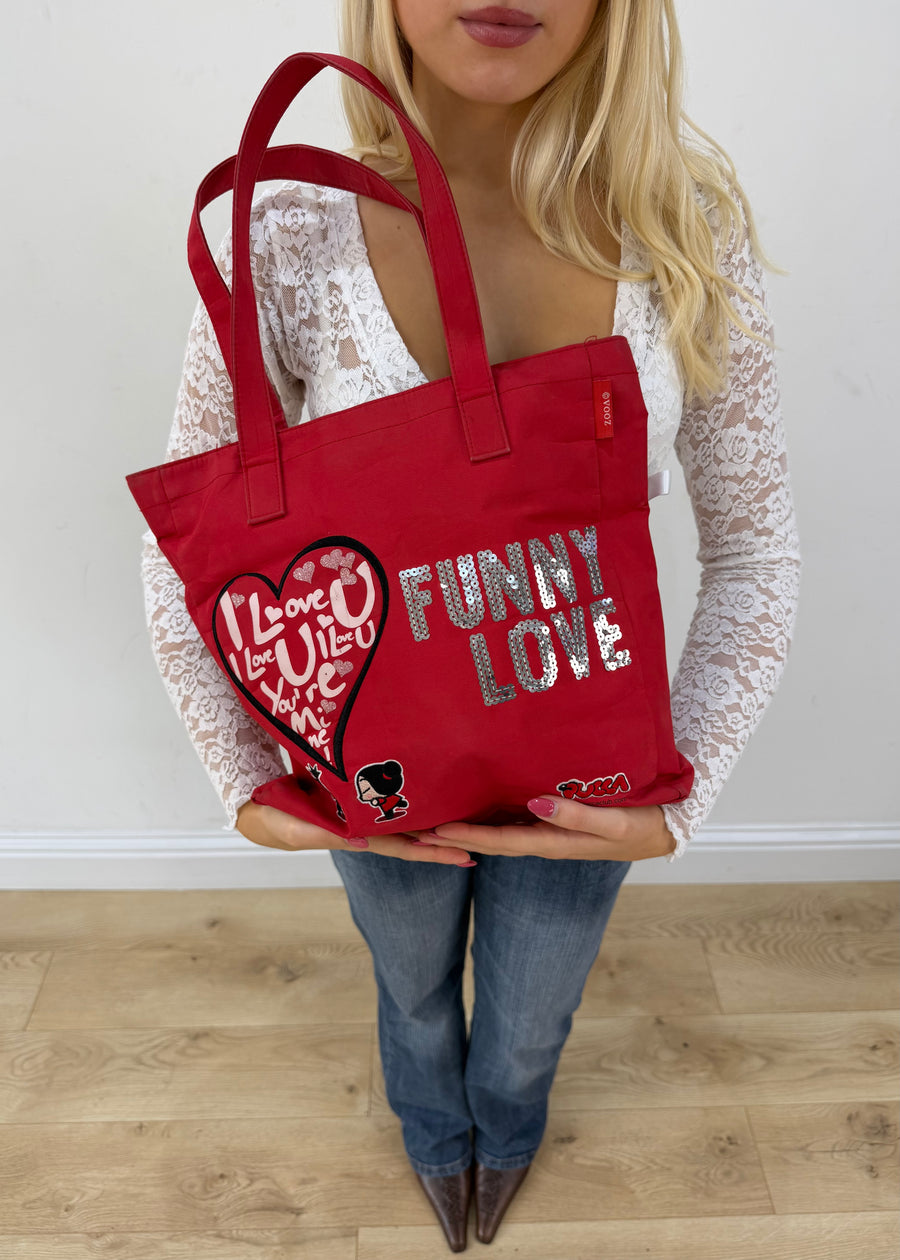 red graphic slogan tote bag front view