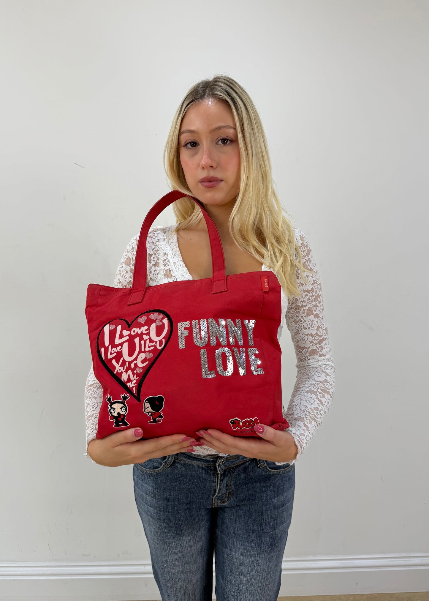 red graphic slogan tote bag detail view