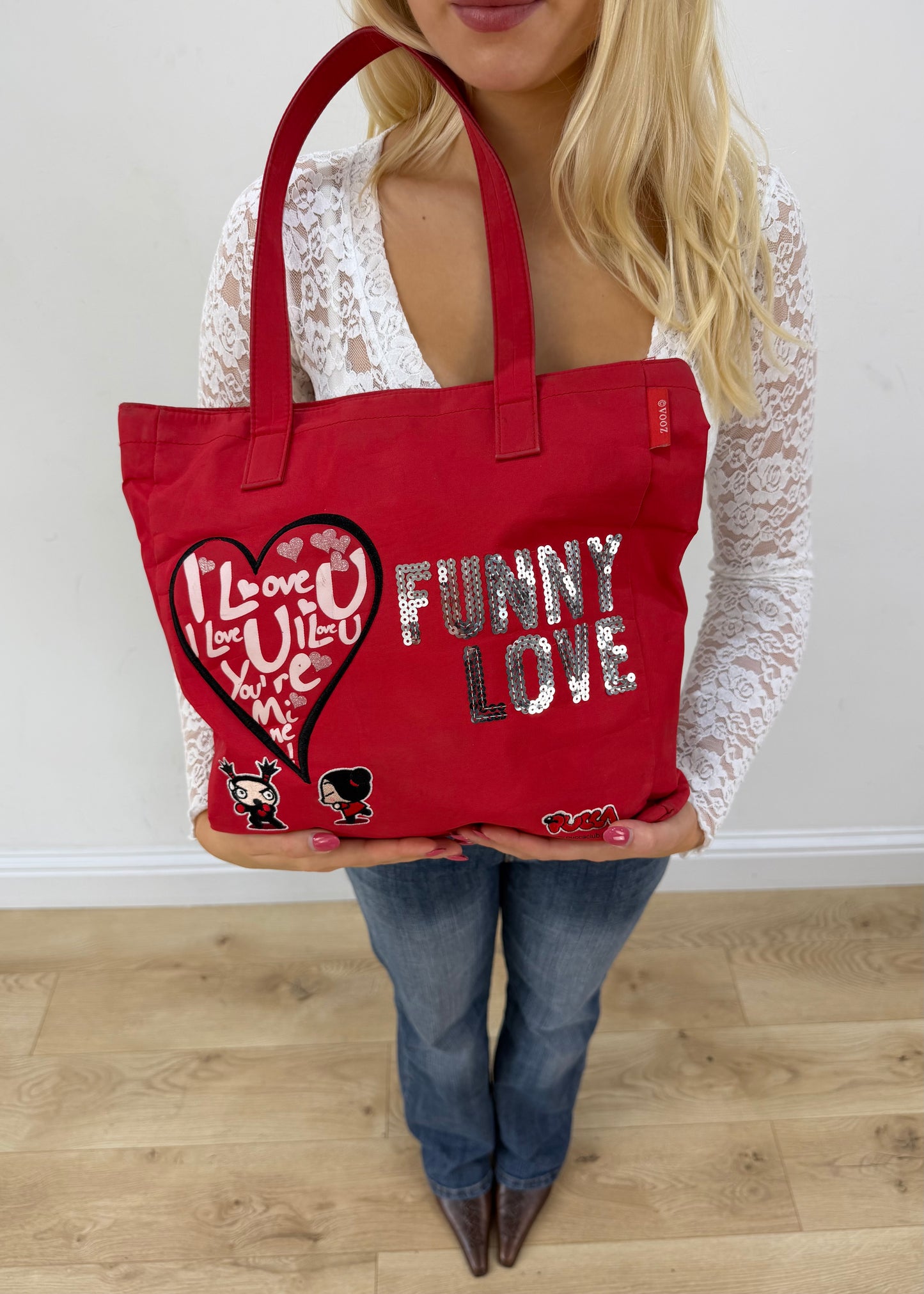 red graphic slogan tote bag detail view