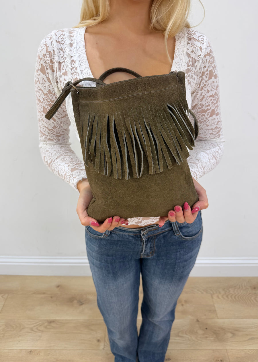 olive green fringe shoulder bag front view