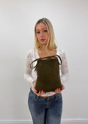 olive green fringe shoulder bag detail view