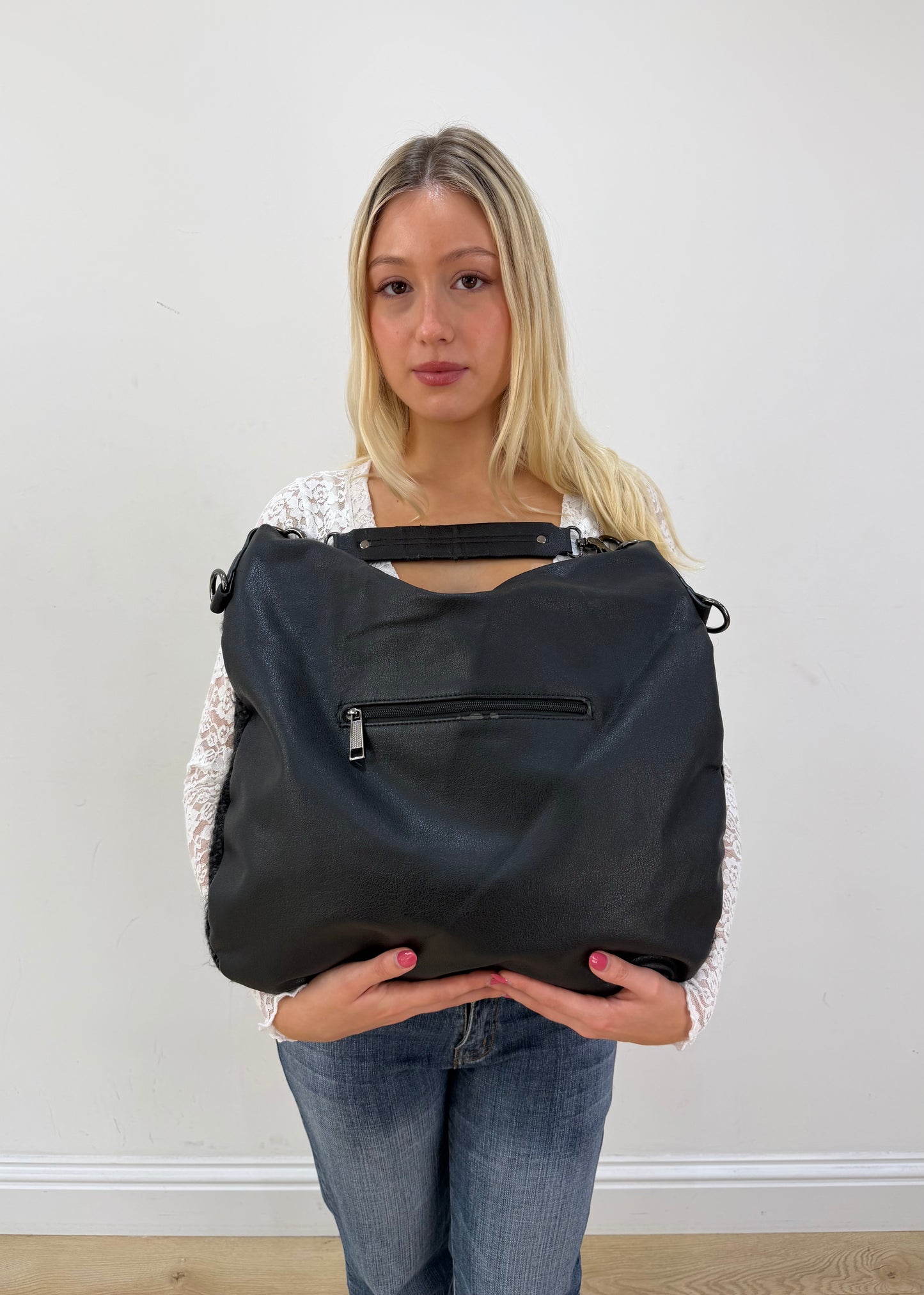 large black hobo shoulder bag detail view