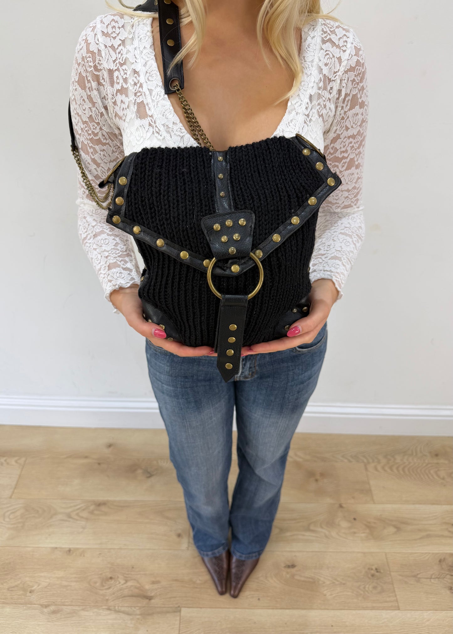 black corset detail mini bag with gold chain front view