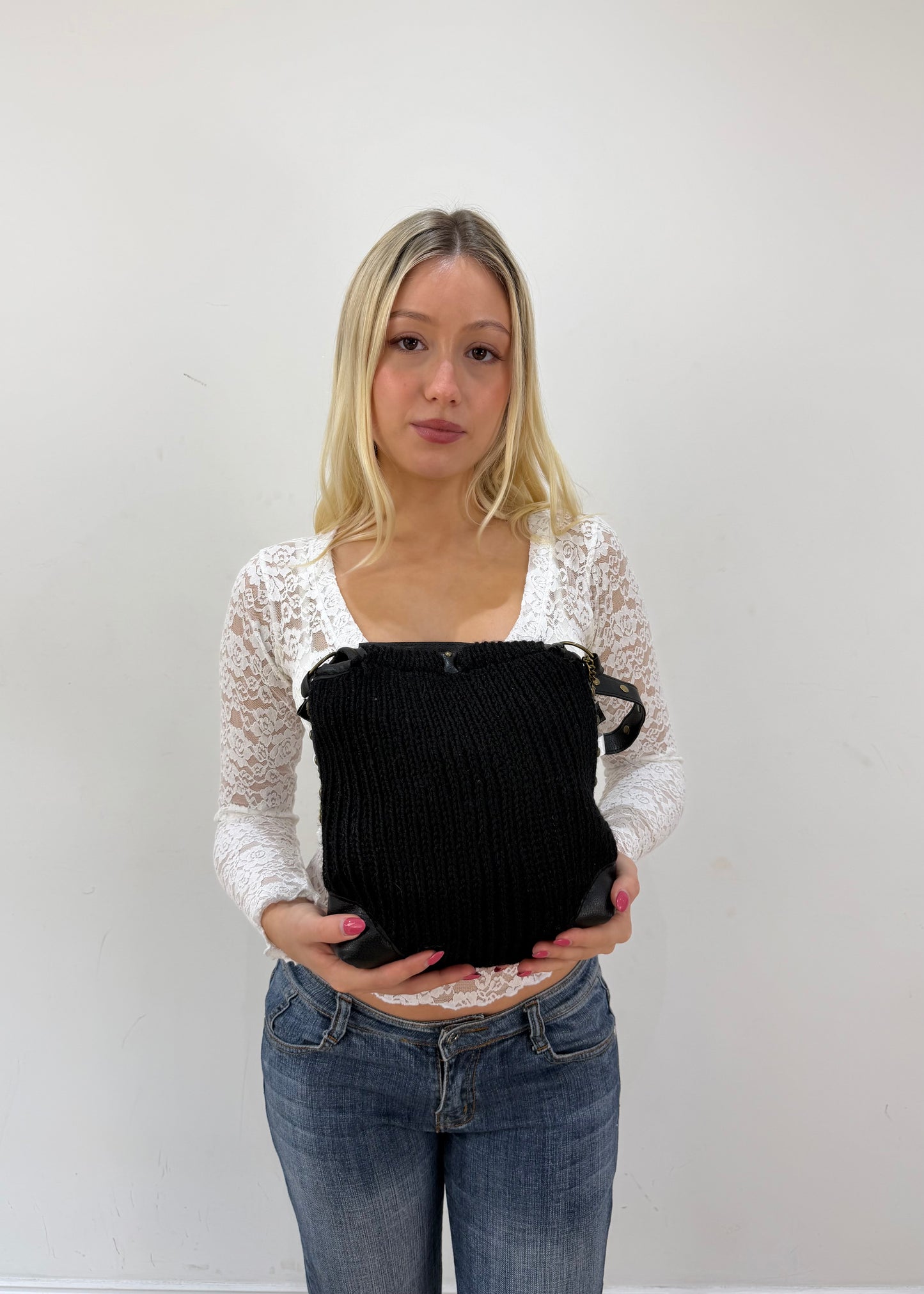 black corset detail mini bag with gold chain detail view