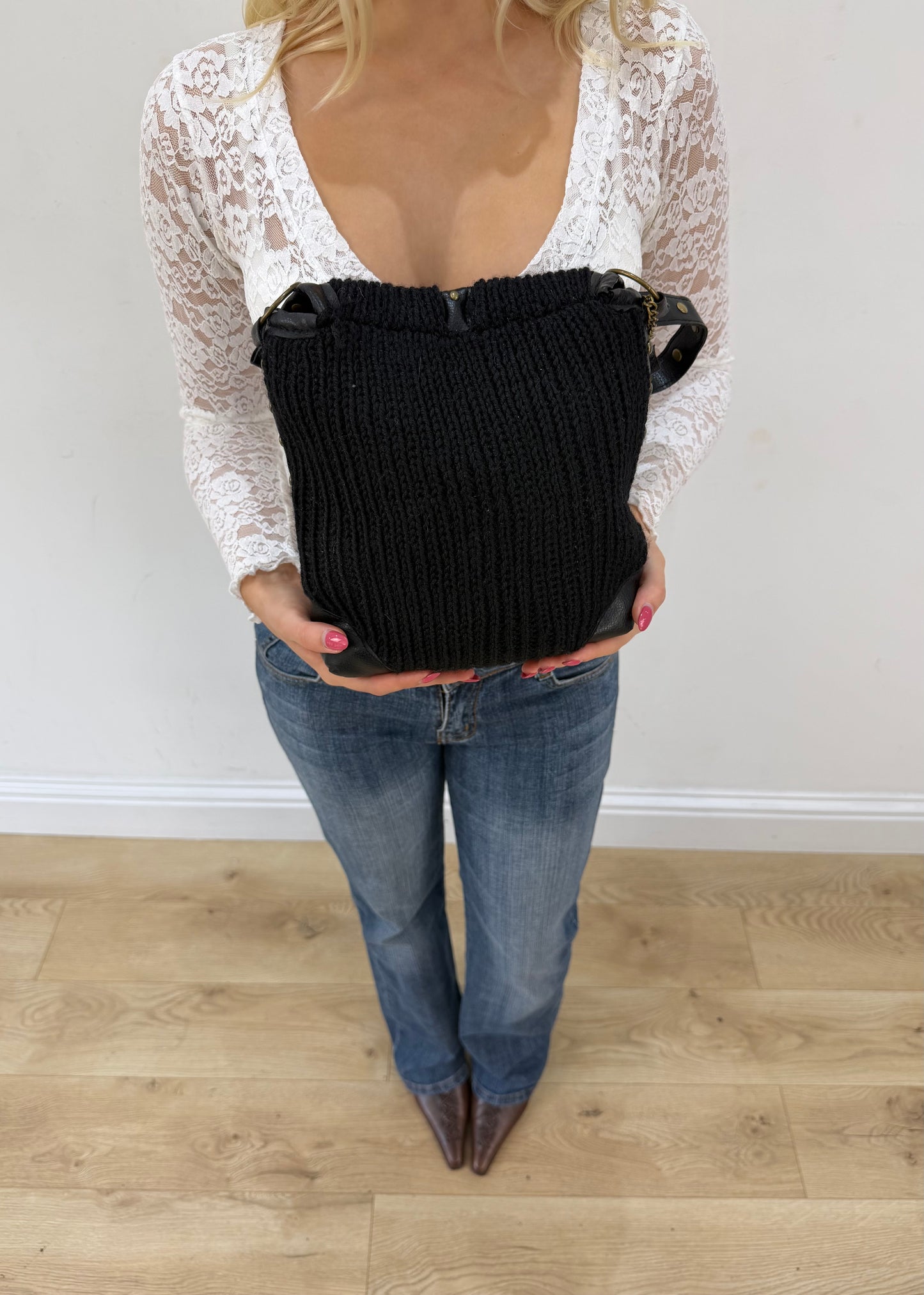 black corset detail mini bag with gold chain detail view