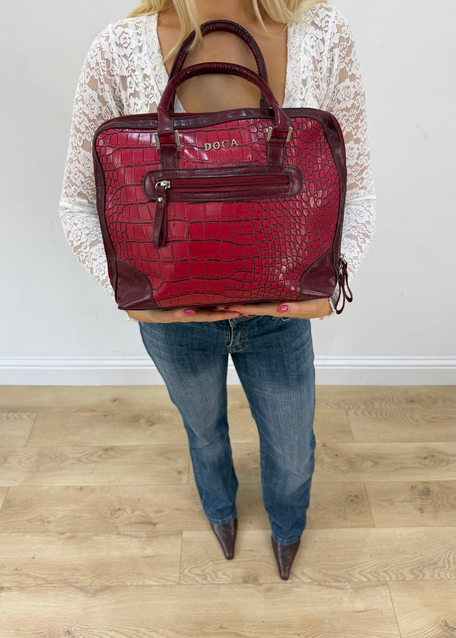 red structured satchel bag front view