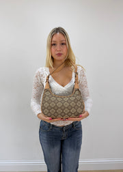 beige and brown patterned shoulder bag detail view