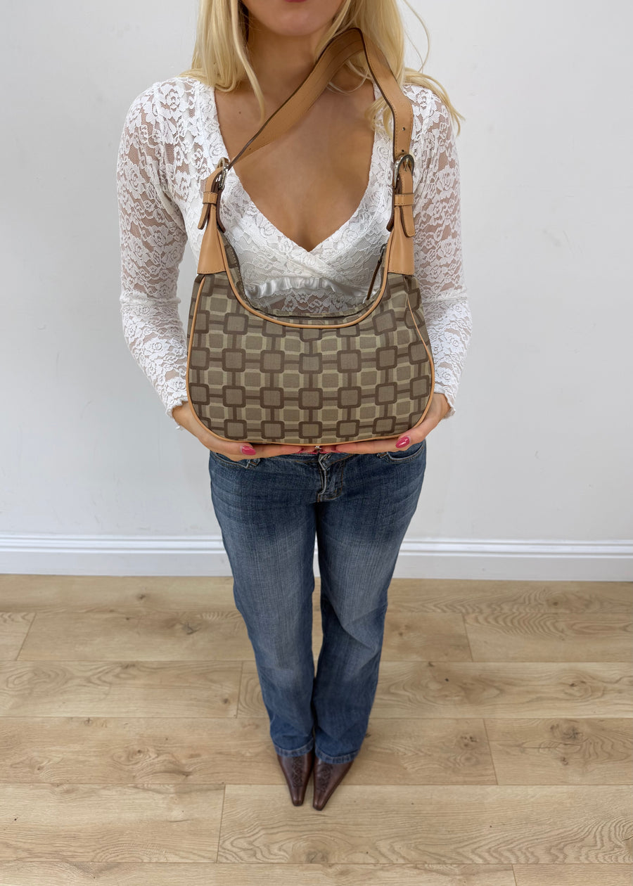 beige and brown patterned shoulder bag front view