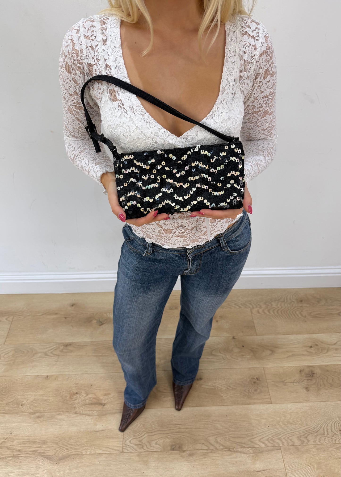 black and white patterned mini shoulder bag front view