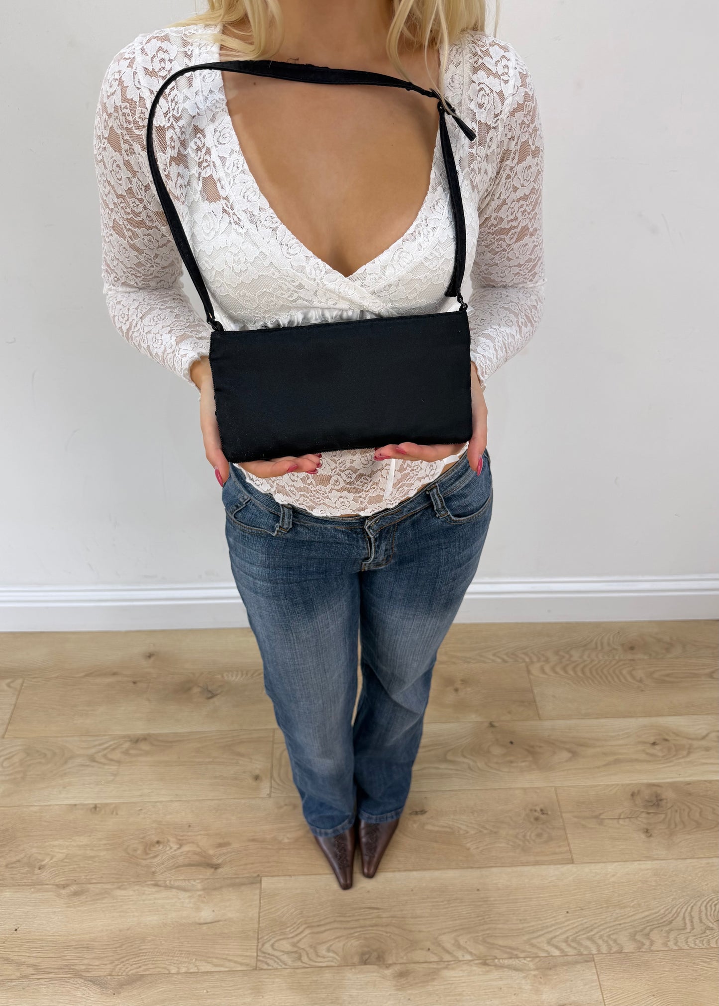 black and white patterned mini shoulder bag detail view