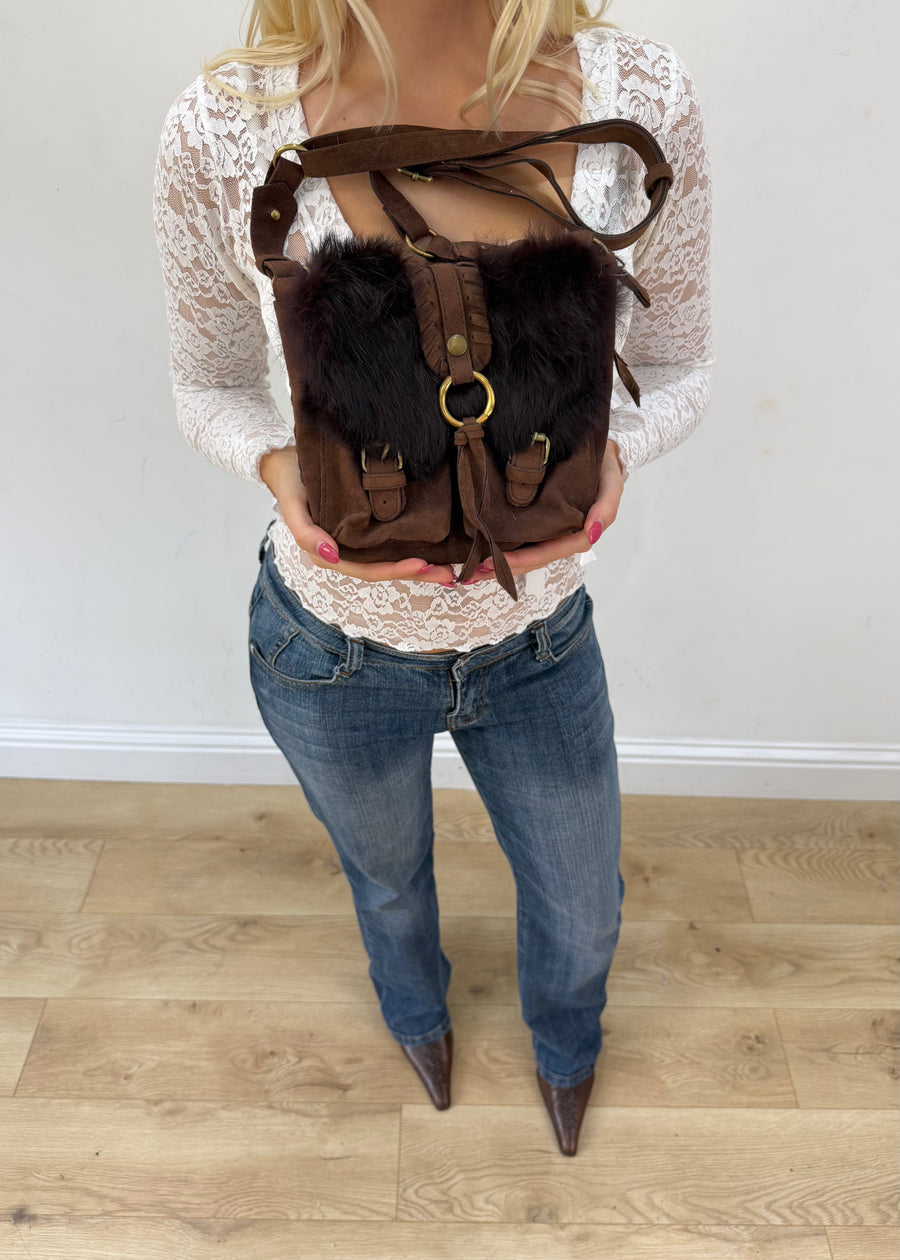 brown and black fur shoulder bag front view