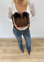 brown and black fur shoulder bag detail view
