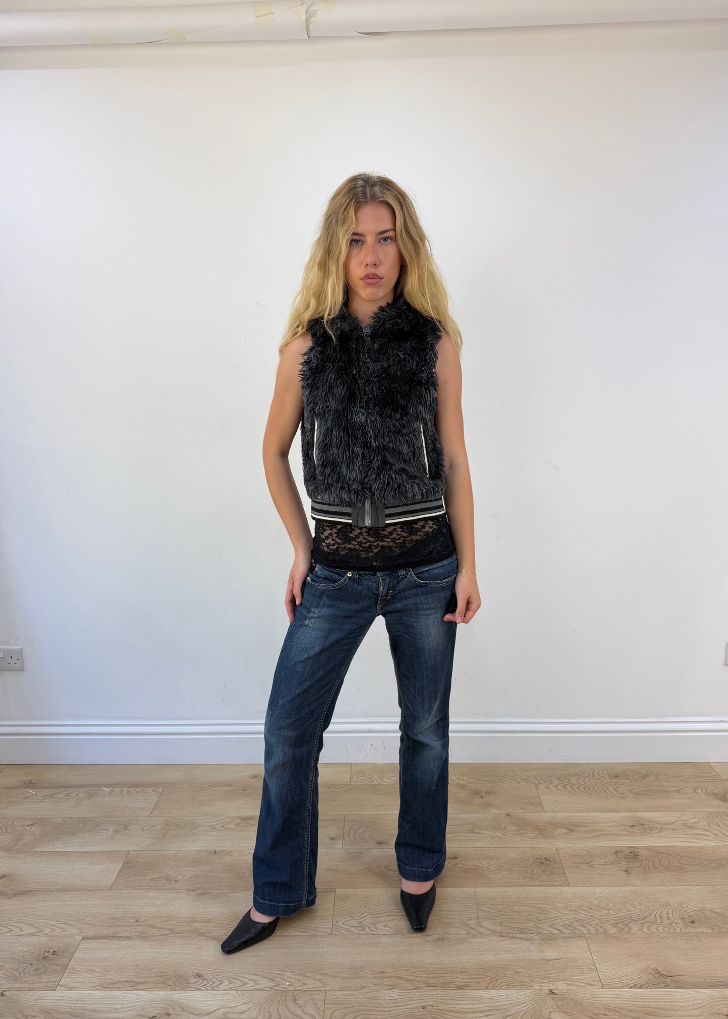 small grey faux fur zip gilet with hood - full front
