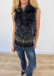 small grey faux fur zip gilet with hood - aesthetic close-up
