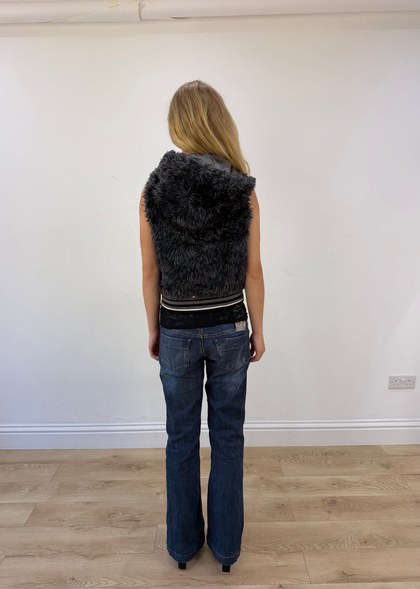 small grey faux fur zip gilet with hood - back view