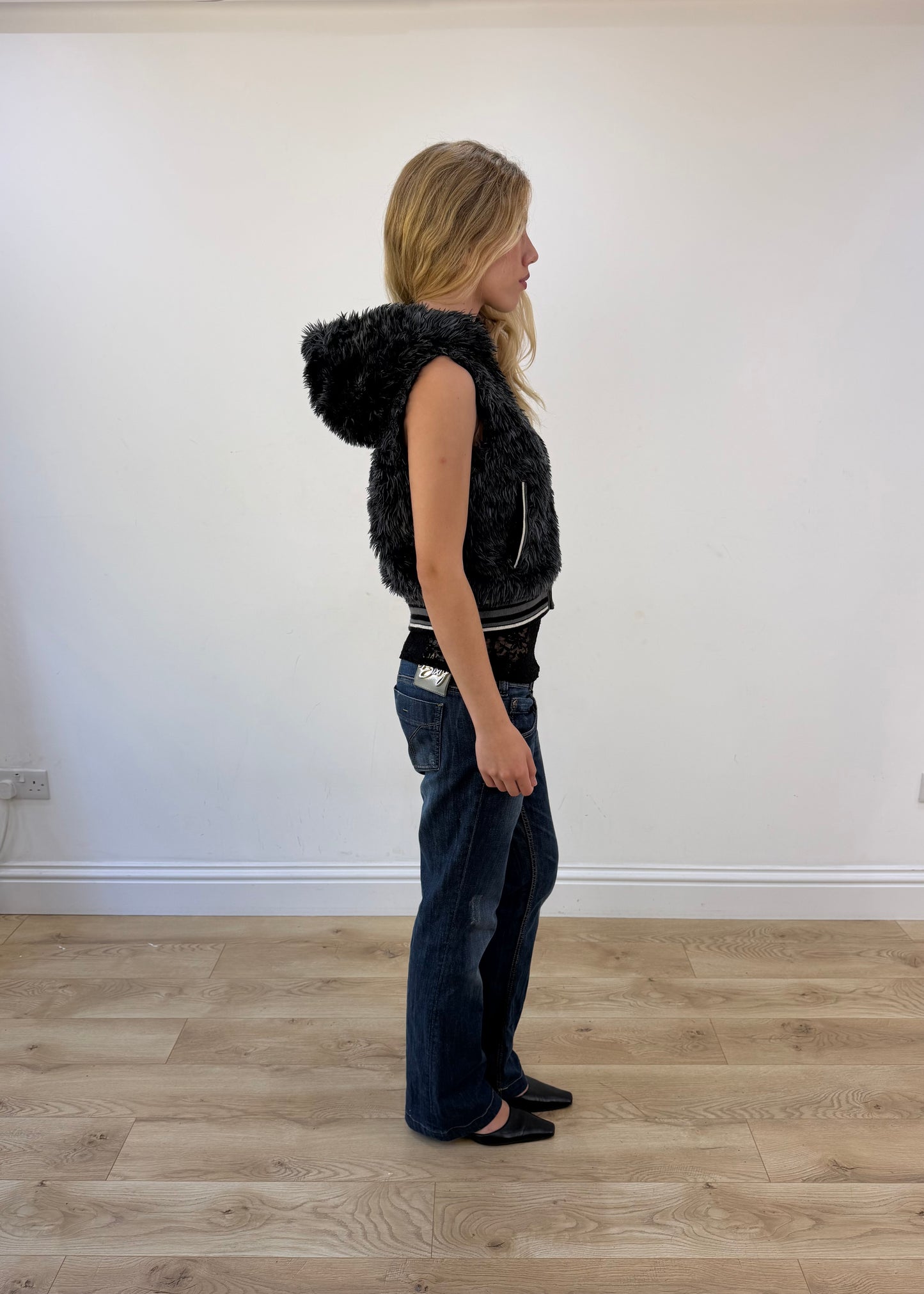 small grey faux fur zip gilet with hood - other side view