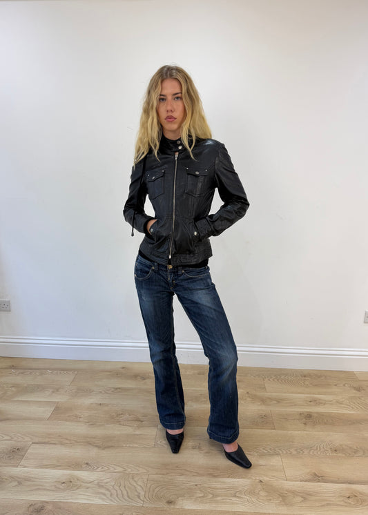 small black faux leather jacket with detachable hood - full front
