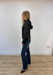 small black faux leather jacket with detachable hood - side view