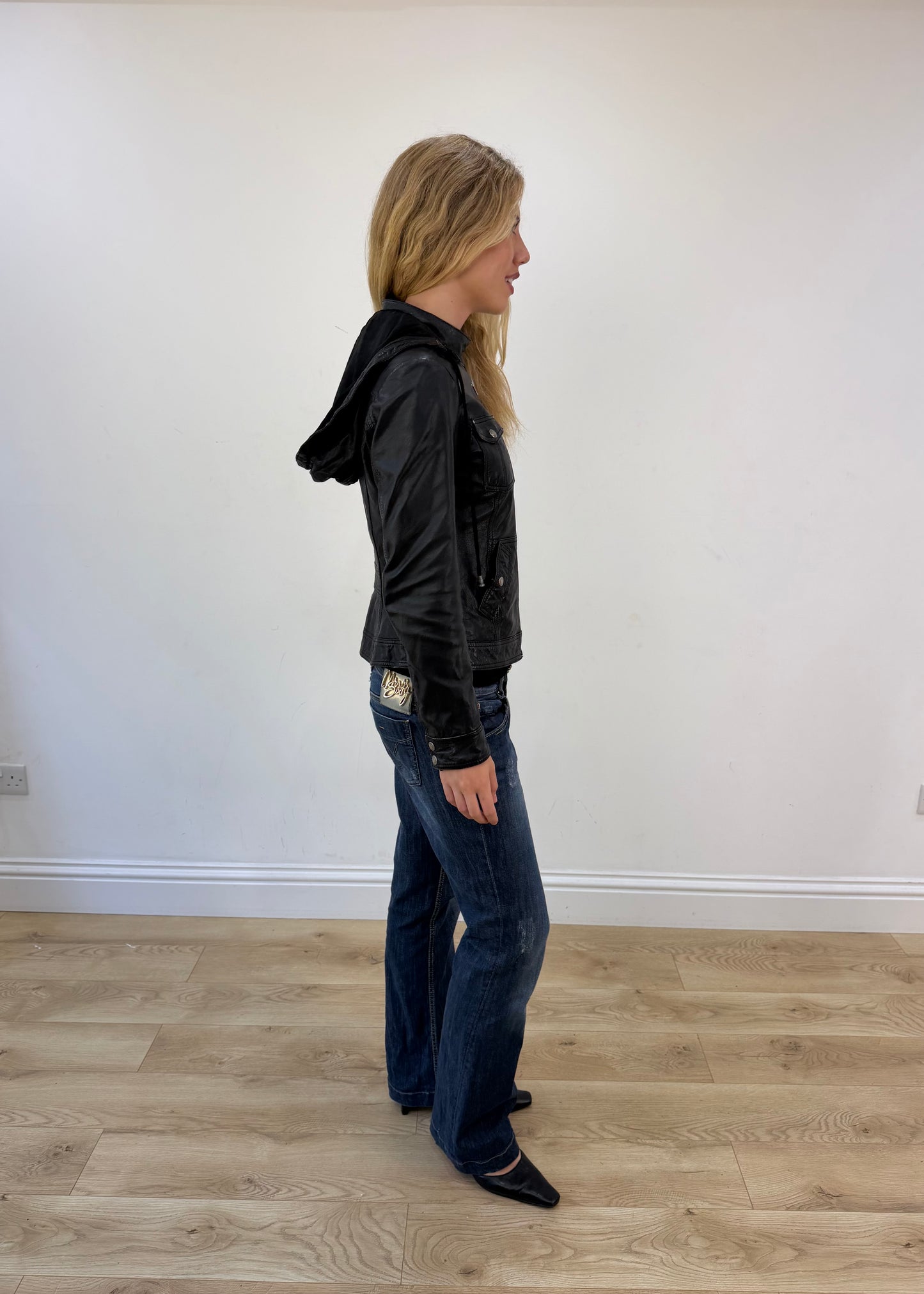 small black faux leather jacket with detachable hood - other side view
