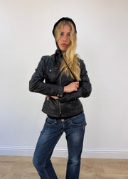 small black faux leather jacket with detachable hood - face close-up