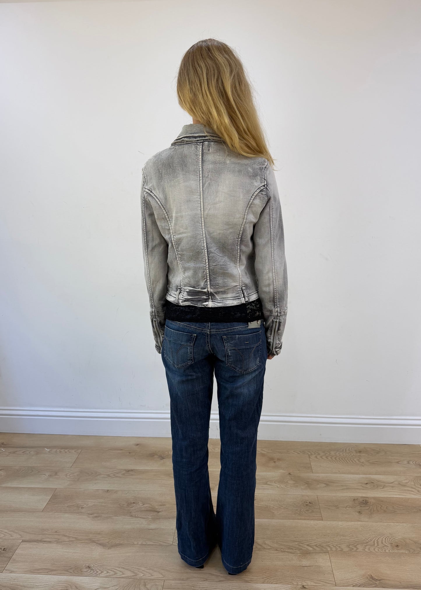extra small grey denim wash jacket - back view