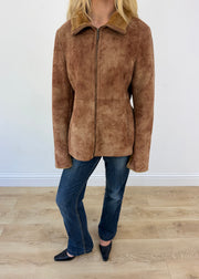 large brown faux suede coat - aesthetic close-up