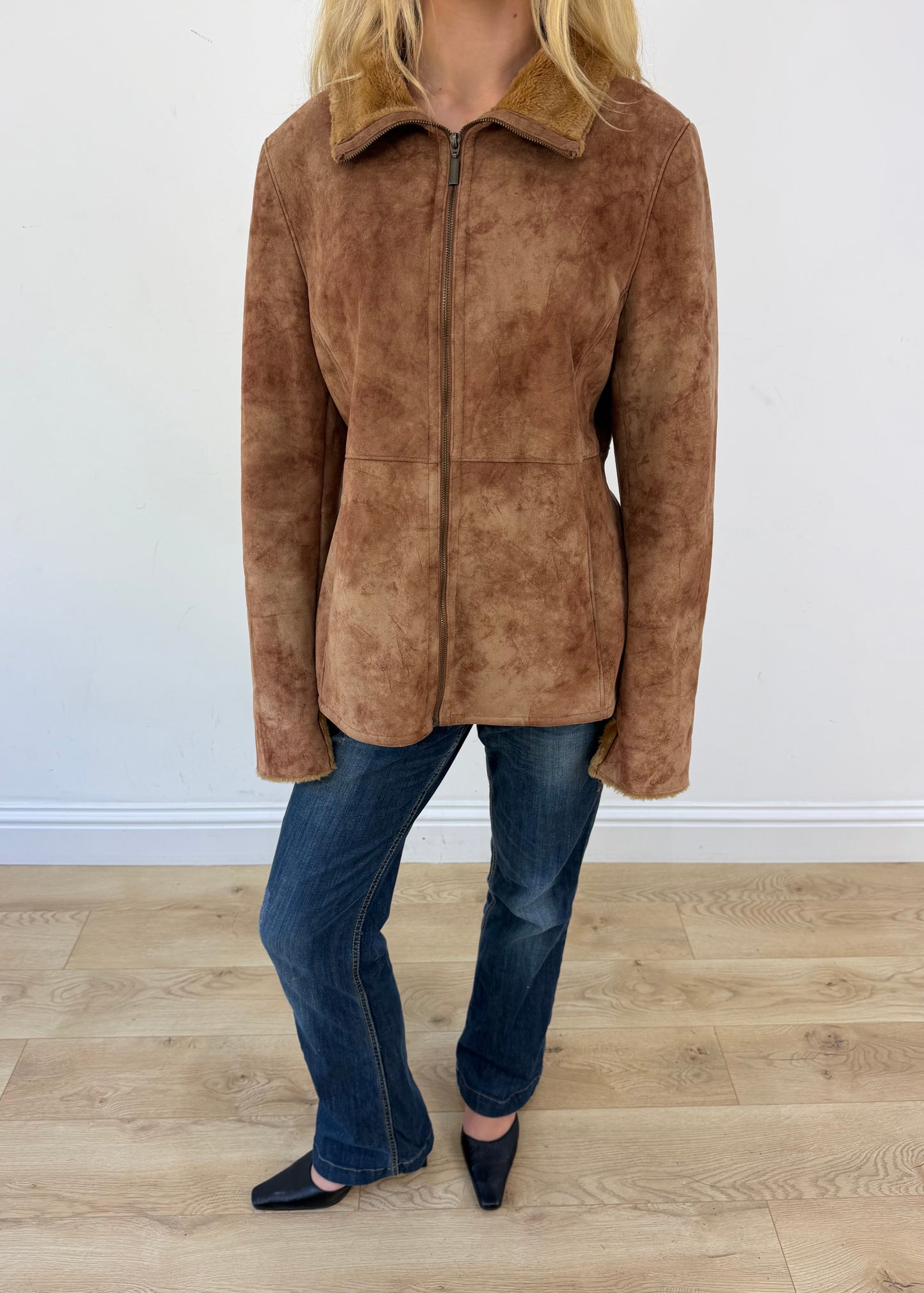large brown faux suede coat - aesthetic close-up