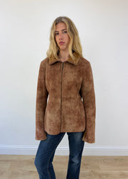 large brown faux suede coat - face close-up
