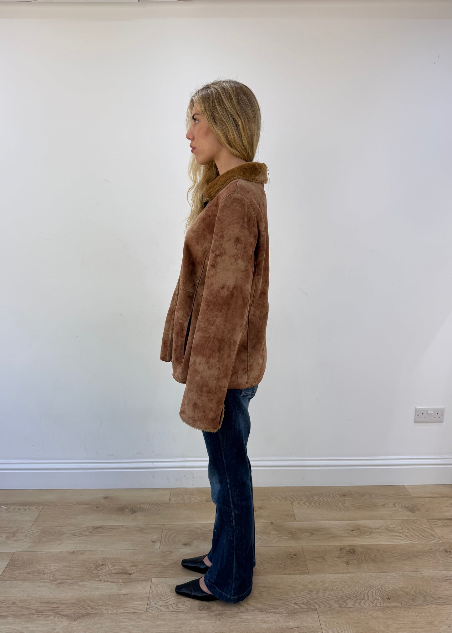 large brown faux suede coat - side view