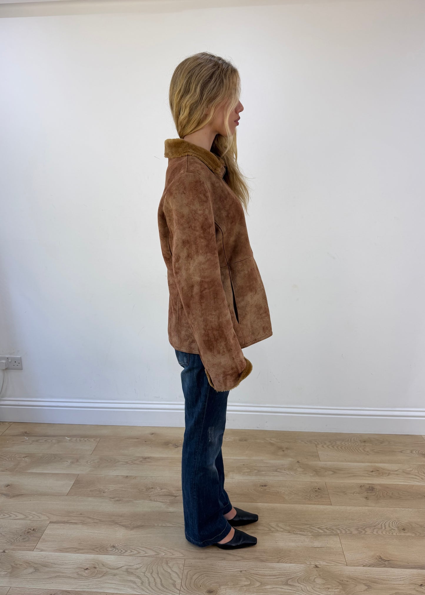 large brown faux suede coat - other side view