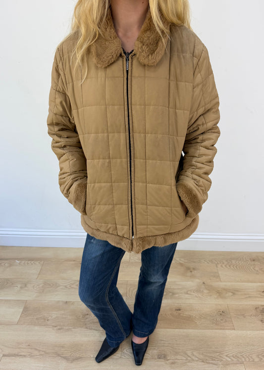 large camel quilted coat - aesthetic close-up