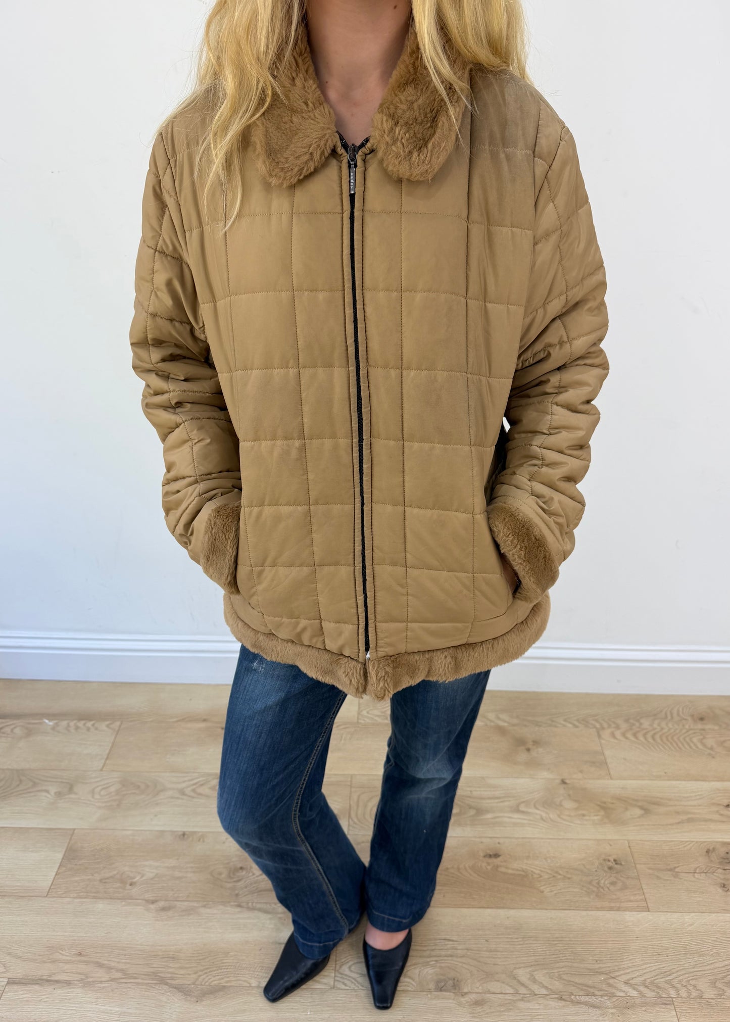 large camel quilted coat - aesthetic close-up